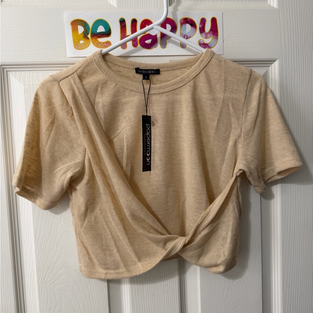 Papermoon Neutral Beige Front-Twist Crop Tee